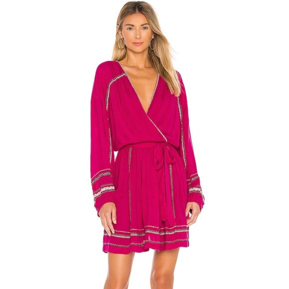 Free People Delilah Embroidered Wrap Mini Dress in Bright Pink Womens Medium - Picture 1 of 8